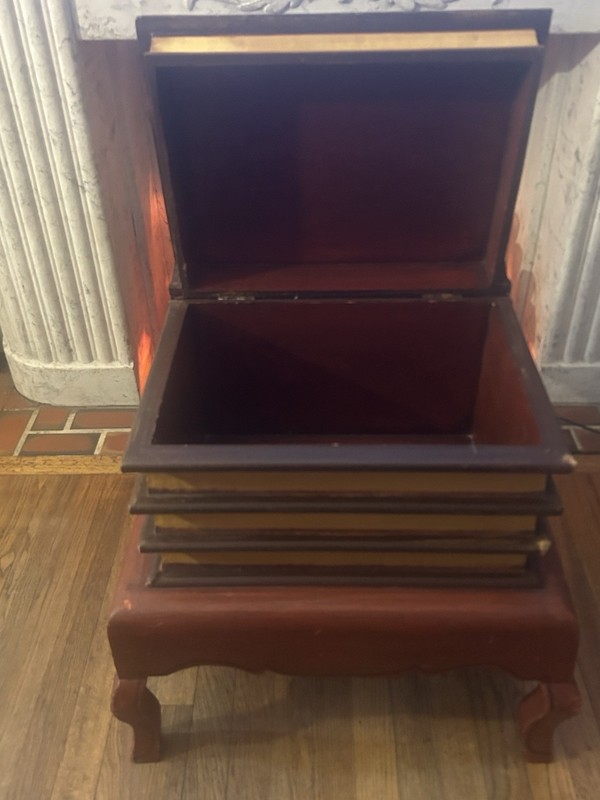 20th Century Faux Book Table With Portrait And Lift Top Storage