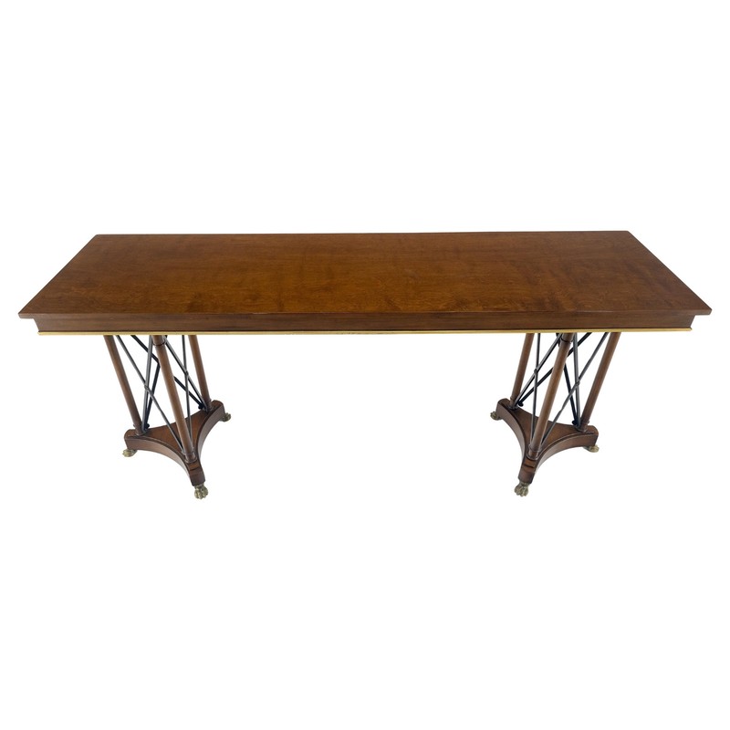 Very Fine Double Pedestal Base 72″ Long Sofa Console Table Brass Claw Feet MINT!