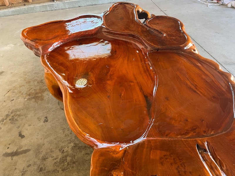 large ceremonial tea table with embedded rock gallery