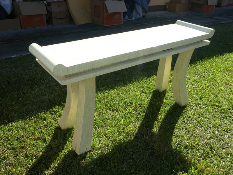 1970'S TESSELLATED BONE MING ALTAR TABLE WITH BRASS FITTINGS gallery