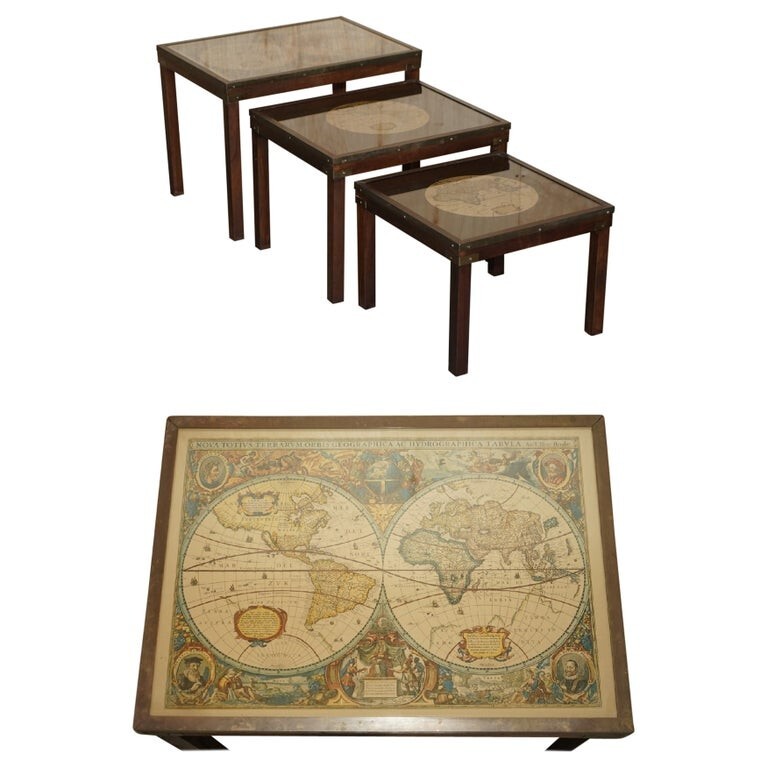 VINTAGE COFFEE & SIDE TABLE NEST OF TABLES MILITARY CAMPAIGN WITH WORLD MAPS