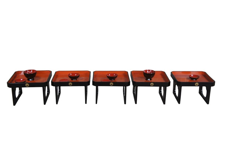 Japanese Showa Period Red & Black Lacquered Obon Ozen Tray Serving Tables Bowls