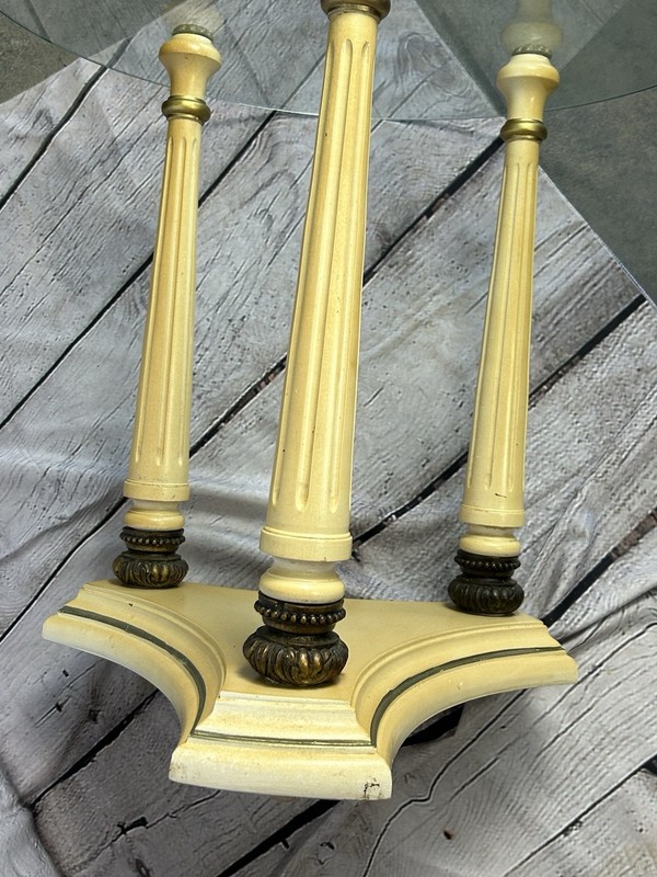 Hollywood Regency Accent Table Round Glass Top, Gilt Finished Base With 3 Legs gallery