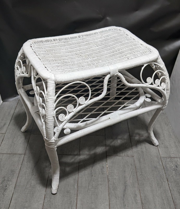Vintage Victorian Shabby Boho Chic White Peacock Wicker Rattan 2-Tier Table