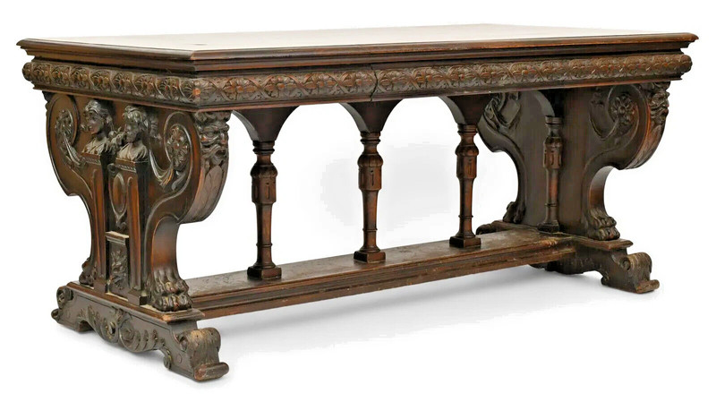 Antique Library Table, American, Figural, Floral Carved, Mahogany, Circa 1900s! gallery