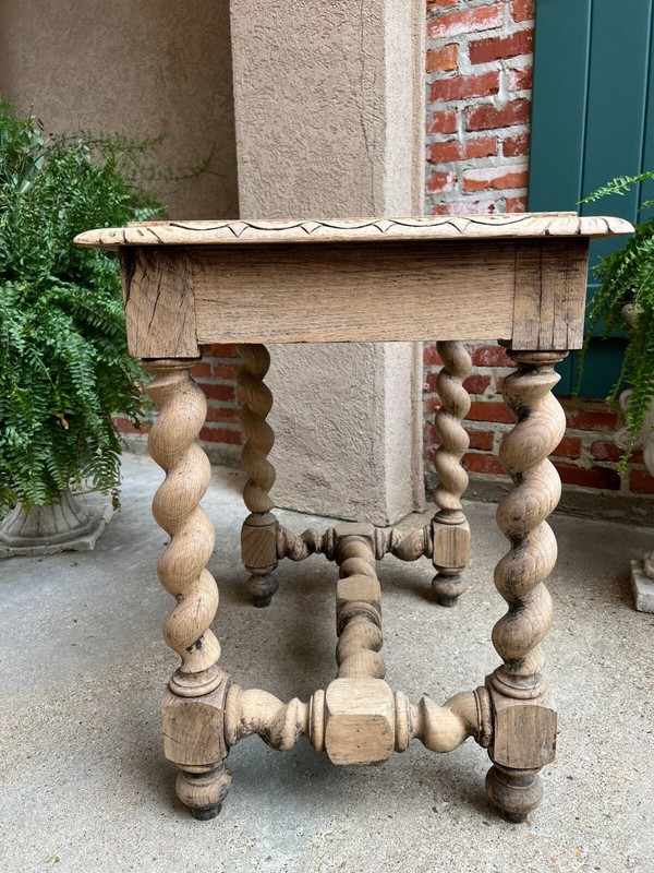 Antique French Side Table Barley Twist Bleached Carved Oak Nightstand Louis XIII gallery