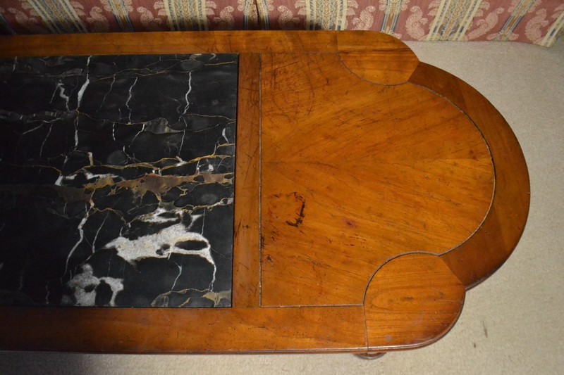 French Louis XV Victorian Style Carved Wood Marble Top Inlay Coffee Table Long gallery