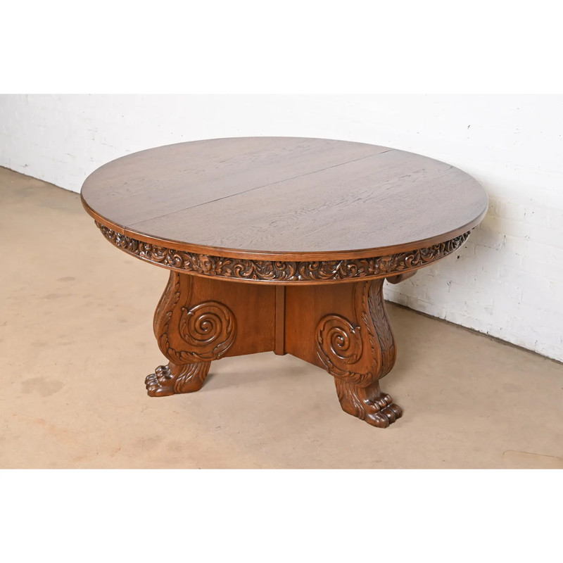 R. J. Horner Antique Victorian Carved Oak Pedestal Extension Dining Table