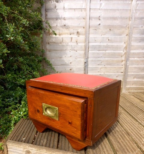 Antique Leather-Topped Oak Wood Chest Table Seat Storage Drawer Brass Handle