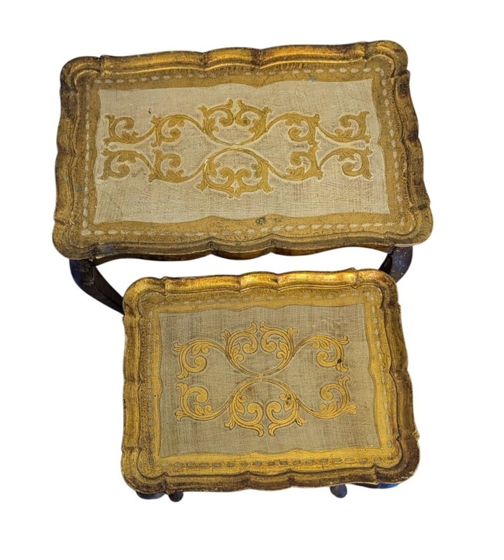 Vintage Florentine Gold White 2 Nesting Tables Floral Pattern Ornate Resin gallery
