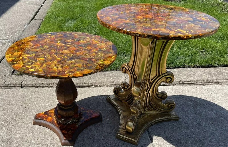 Vintage pair of mother of pearl amber colored patio / Garden tables
