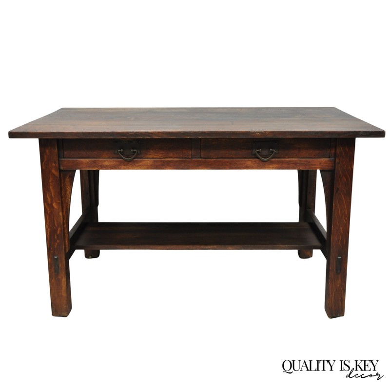 Antique Gustav Stickley Arts & Crafts Mission Oak Two Drawer Library Table Desk
