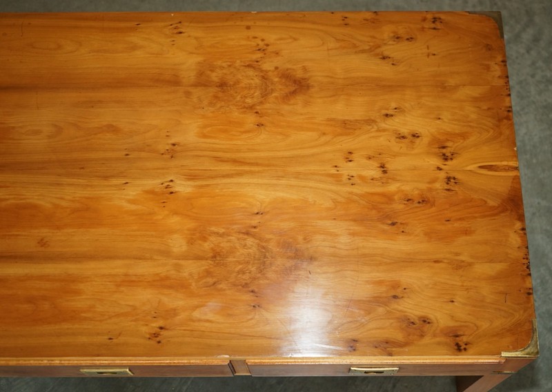 LIGHTLY RESTORED BURR WALNUT & BRASS MILITARY CAMPAIGN THREE DRAWER COFFEE TABLE gallery