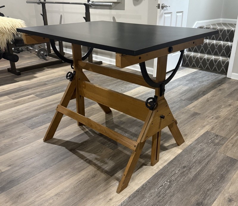 VINTAGE CAST IRON AND WOOD DRAFTING TABLE/DESK C.1950 41×32″ rare Adjustable