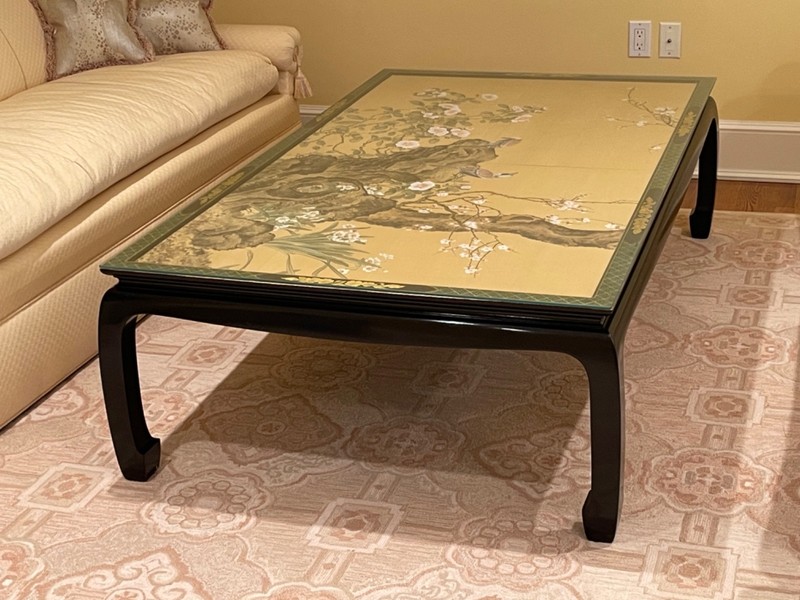Custom Smith & Watson Coffee Table With 19th Century Chinese Silkscreen Inset