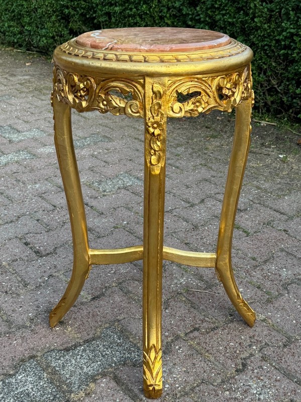 Side Tables Pair French Louis XVI Gold Gilt with Pink Marble Tops Vintage gallery