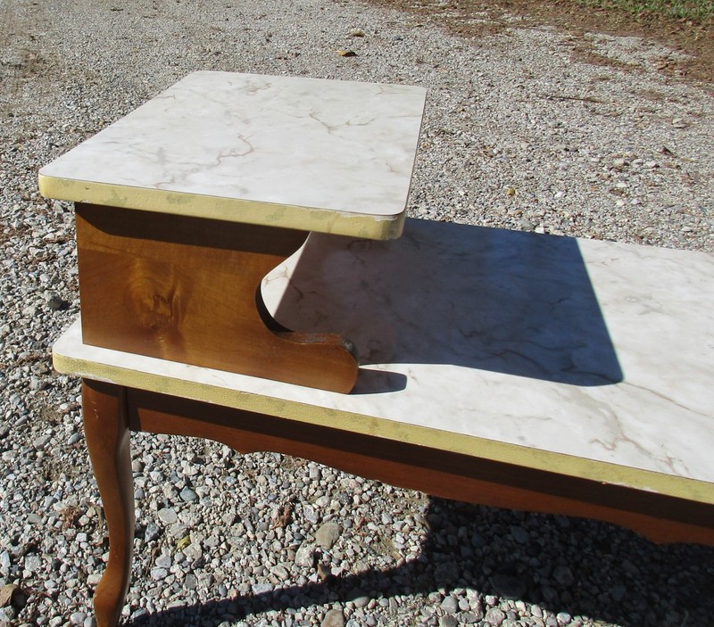 Vintage MCM White Marbled Formica Two-Tier Step End Table, Mid Century Modern gallery
