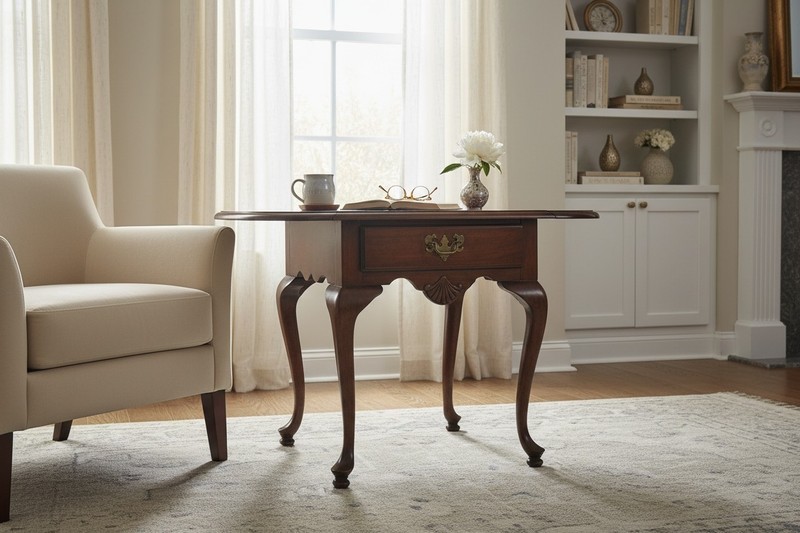 American Drew Cherry Drop Leaf Side Table Queen Anne End Table Drawer Vintage