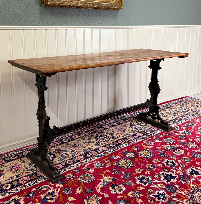 Antique English Bakers Table Sofa Entry Hall Kitchen Island with Cast Iron Base gallery
