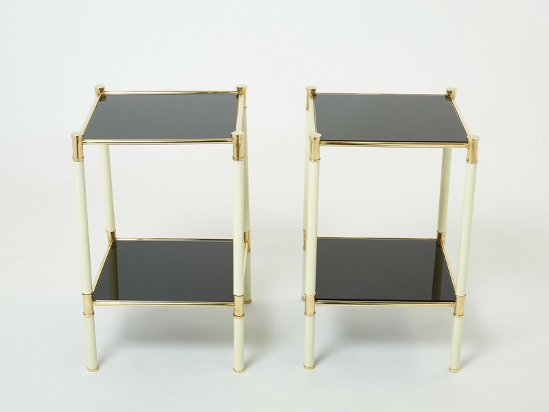 Italian Tommaso Barbi two-tier brass off white black end tables 1970s