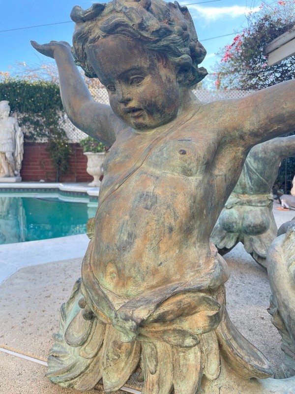 Antique Bronze Two Putti Di Mare Mermen Table Base With Glass Tabletop gallery