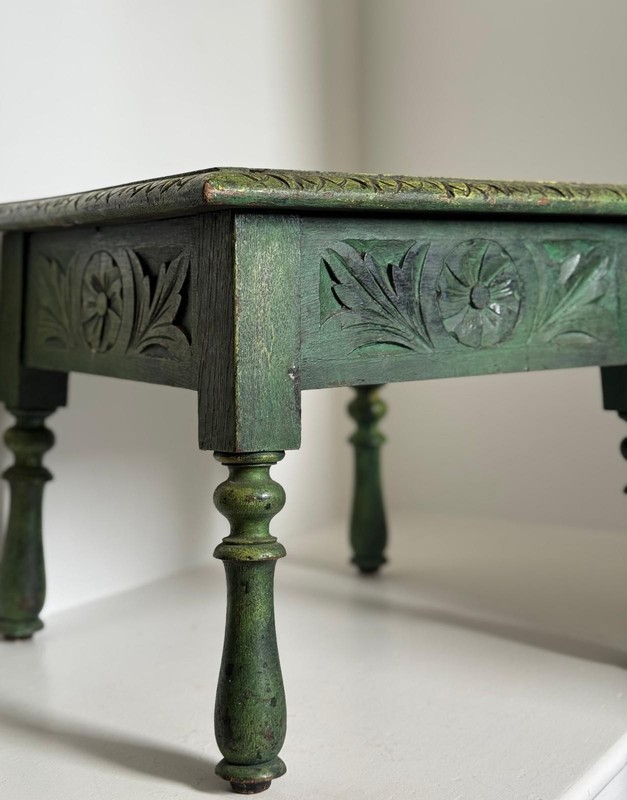 Antique Hand-Carved Folk Table Rustic Painted Green Side Stool gallery