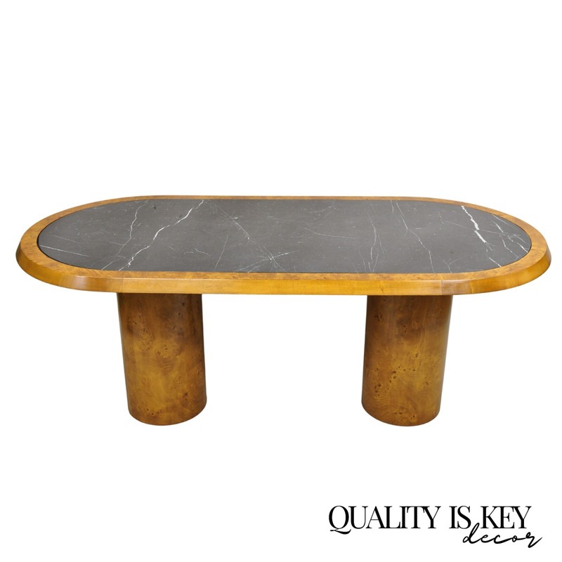 Italian Mid Century Modern Bloomingdale’s Burl Wood Oval Marble Top Dining Table