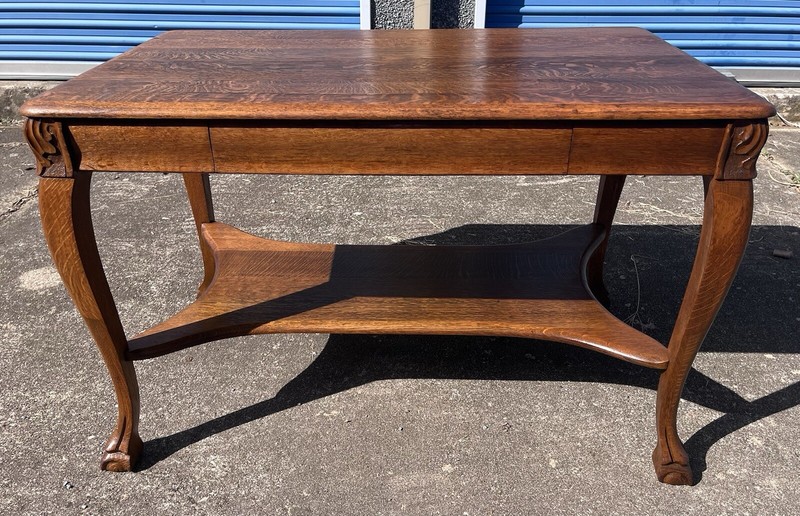 Antique Golden Oak Console Table With Drawer And Leg Shelf gallery