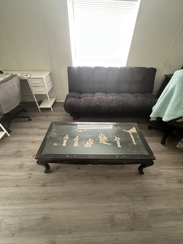 Vintage Black Lacquer Coffee Table - Mother of Pearl Inlay Hand-Painted Oriental gallery