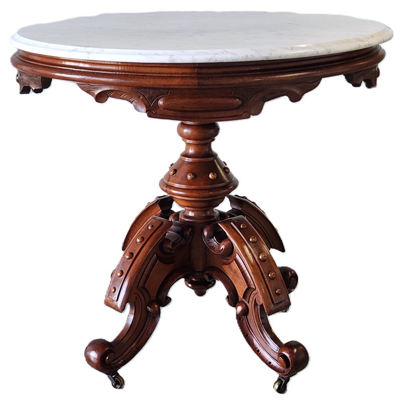 Center Parlor TABLE, Thomas Brooks, Renaissance Victorian, Marble, Pedestal,33"L gallery