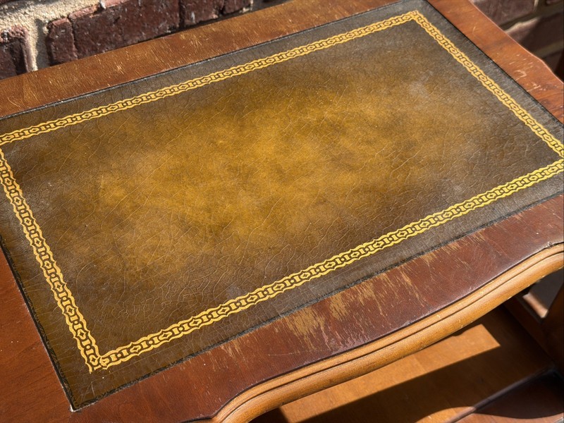 PAIR Step-Back Tooled Leather Top ANTIQUE Side End Tables gallery