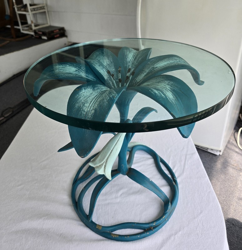 1960s Arthur Court Style Metal Lily Side Table with Glass Top