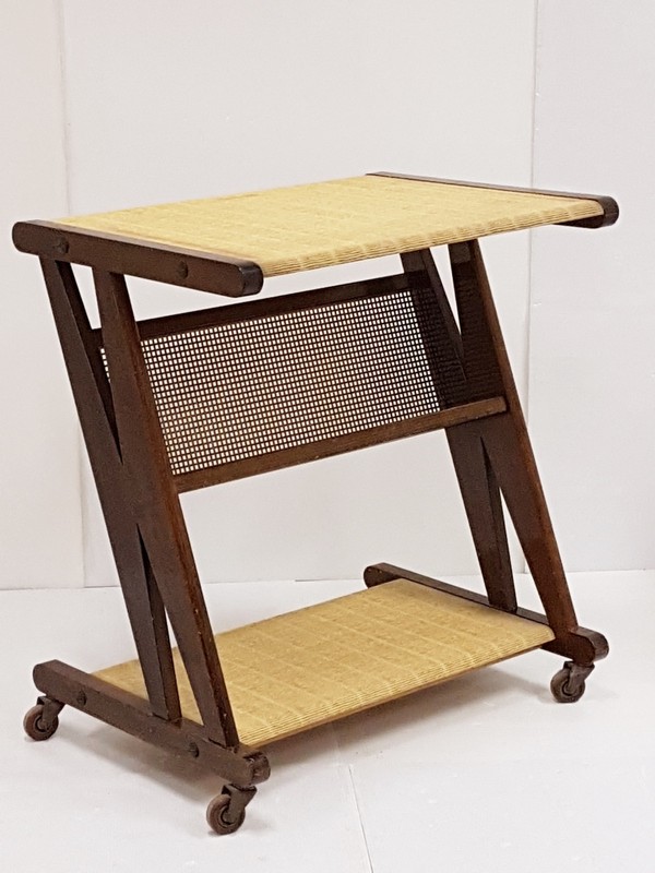 Serving Table TELE Gueridon on Wheels Jullian Oak Metal 1960 Vintage 60s gallery
