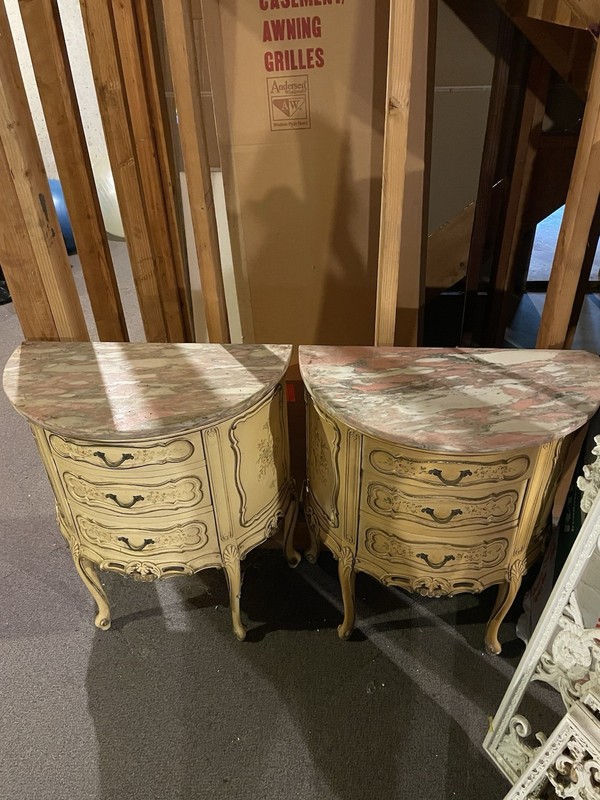 Antique French Marble Top Accent and Coffee Table Set, Wood, Carvings, Pair
