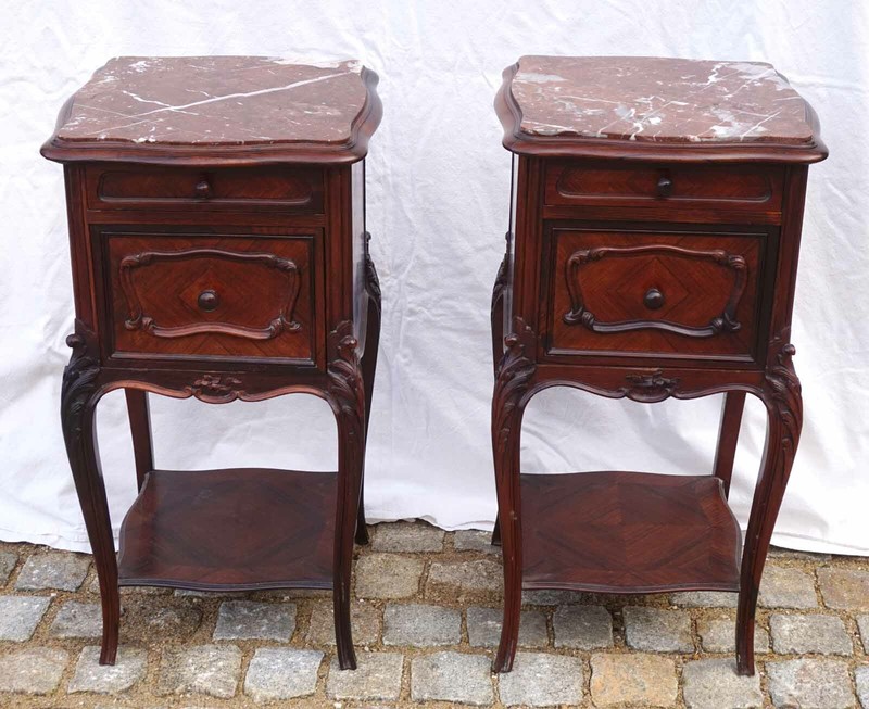 French Carved Rosewood Red Marble Pair Night Stand Side Table Louis XV Style 19C gallery