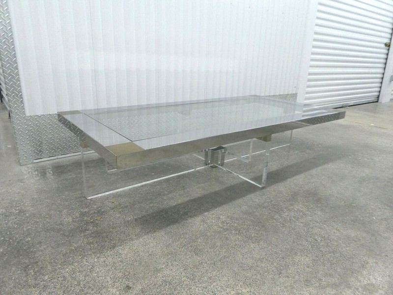 SUPERB STAINLESS STEEL , BRASS AND LUCITE RECTANGULAR COFFEE TABLE gallery