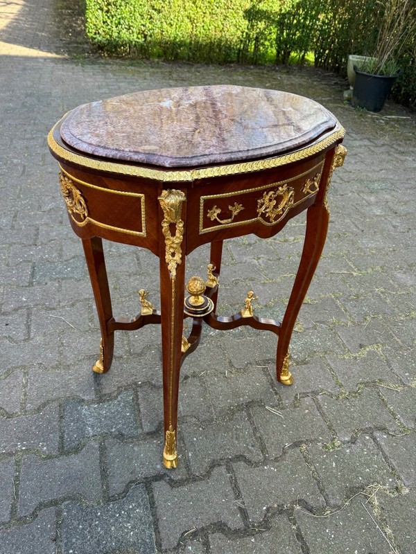 Table Oval Mahogany Louis XVI Marble Top Gilded Bronze French Vintage Decor gallery
