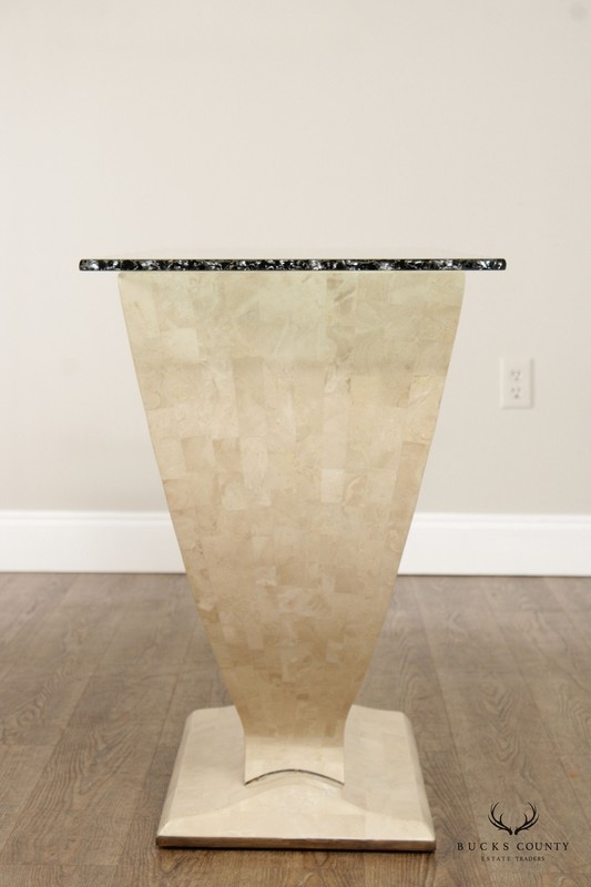 Organic Modern Tessellated Faux Stone and Glass Top Console Table gallery