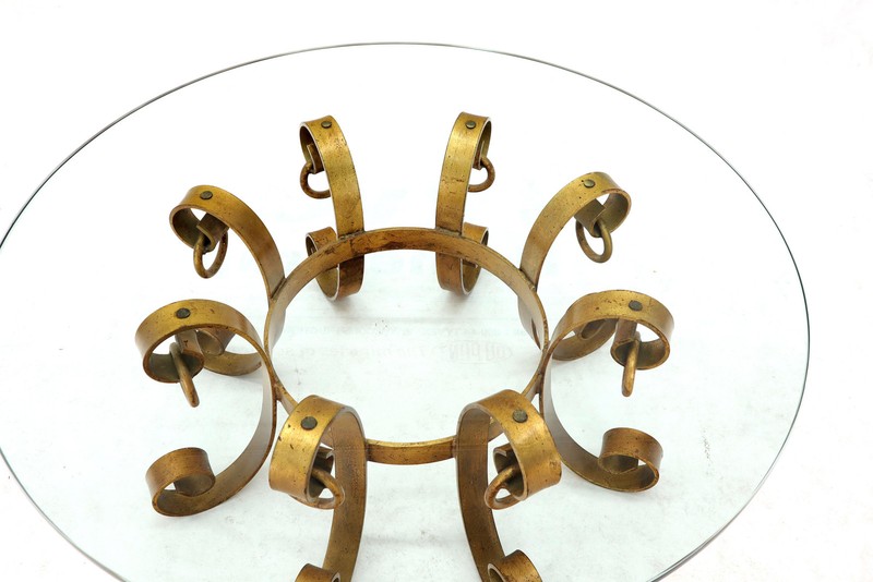Round Decorative Gilt Wrought Iron Base Glass Top Sunburst Coffee Table MINT! gallery