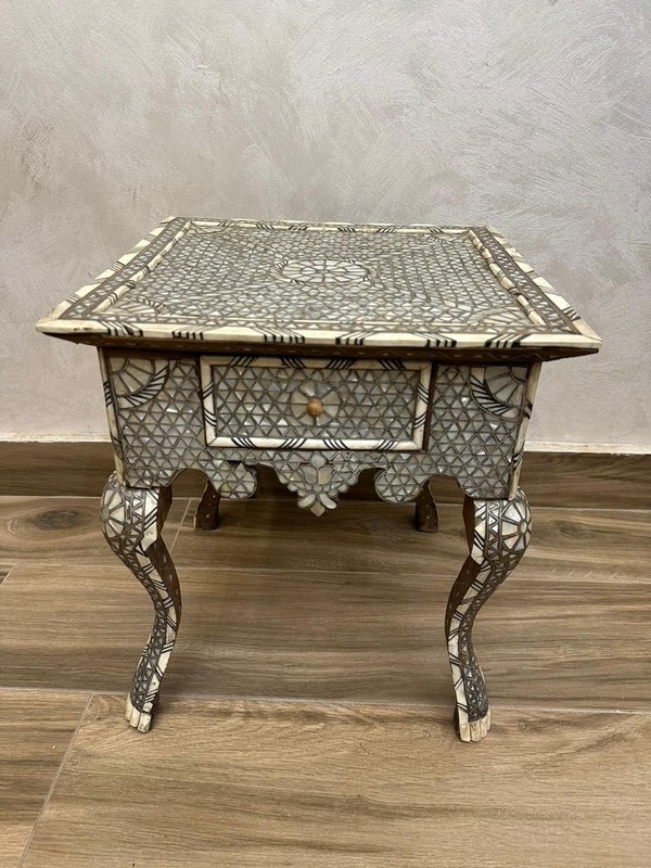 Antique Syrian Pedestal Table In Marquetry Inlaid With Mother-of-pearl C1900 gallery