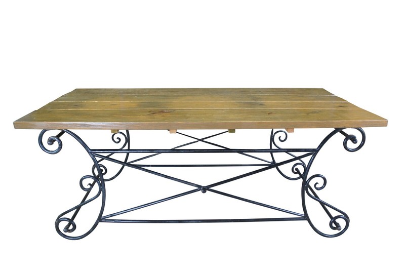 Vintage Neoclassical Directoire Scrolled Iron Outdoor Plank Top Dining Table 72″