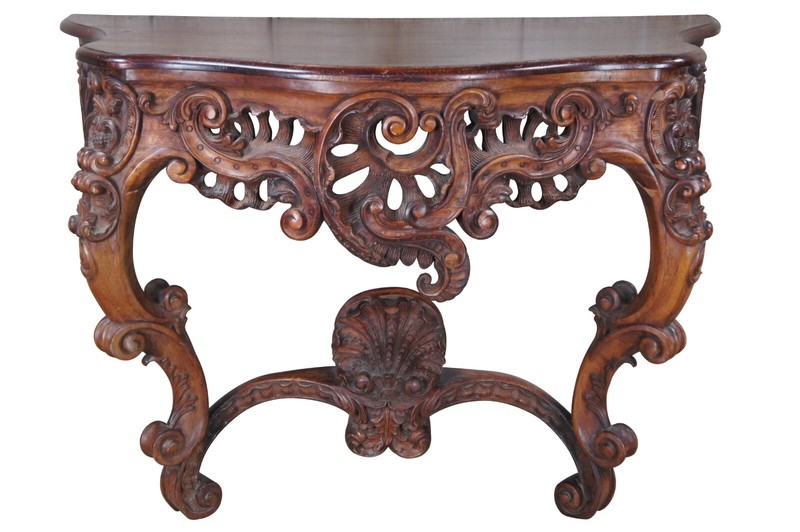 Antique 19th C. French Louis XV Rococo Serpentine Carved Mahogany Console Table