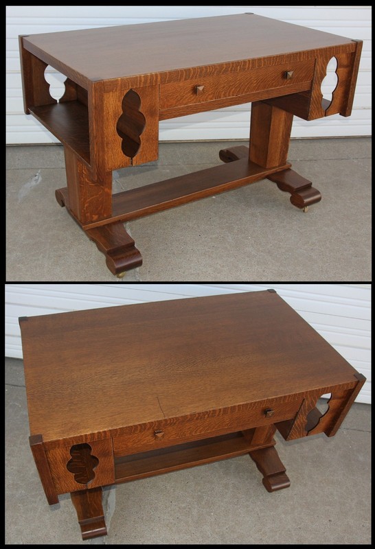 Beefy Antique Arts & Crafts Mission Oak Library Desk Table Bookshelf Ends Office