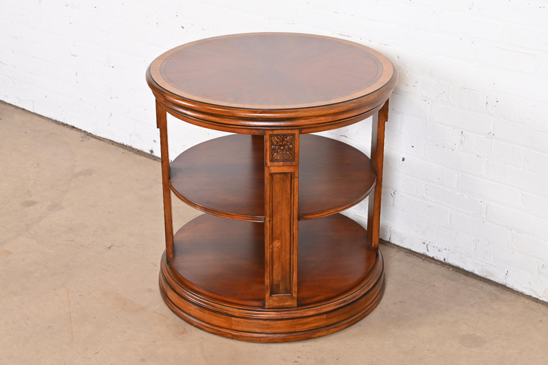 Ethan Allen Regency Carved Banded Mahogany Three-Tier Drum Side Table