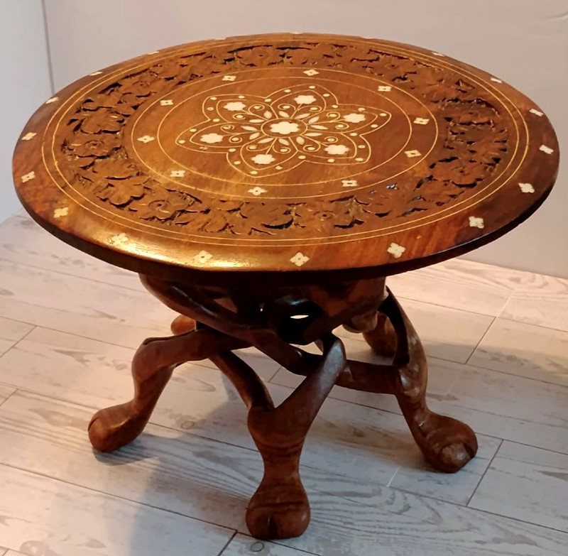 Wooden Indian Carved Table with Inlay Design & Sculptured Legs