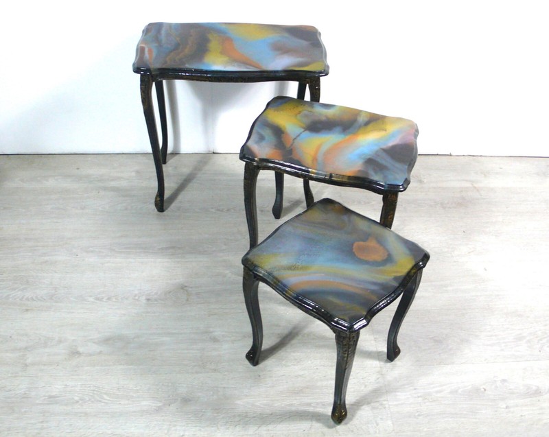 3 Nesting Tables Queen Ann Style, solid wood black marbled tops, 1930s Germany