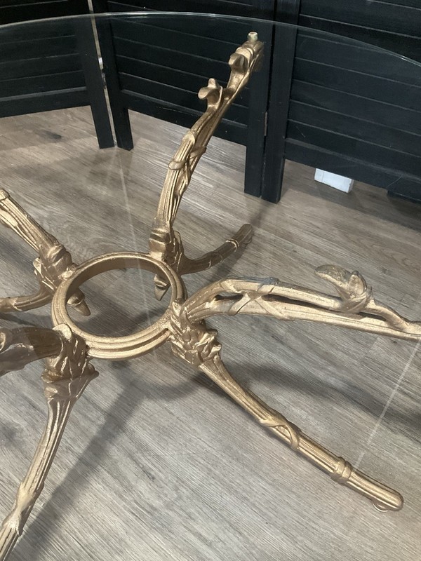 MCM Gold Ornate Metal Coffee Table Round Glass Top Hollywood Regency 70s Italian gallery