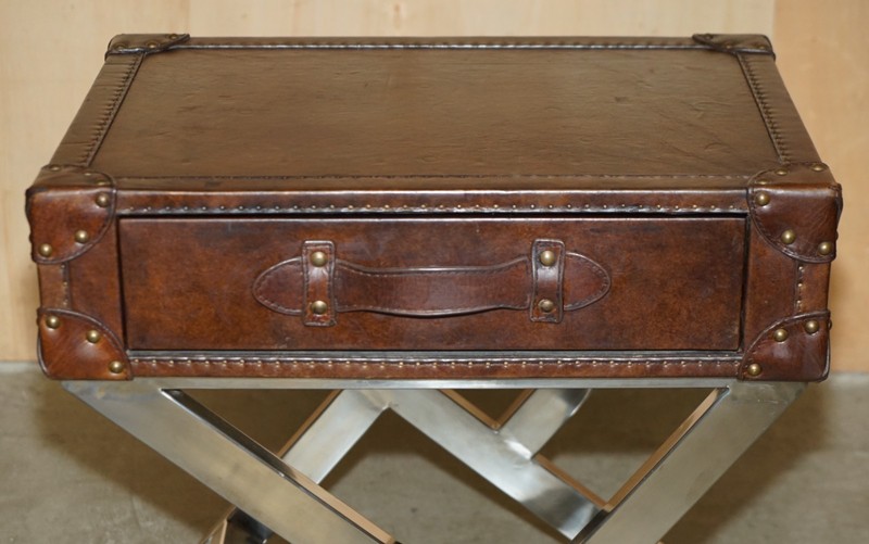 SUPER DECORATIVE HAND DYED BROWN LEATHER LUGGAGE STYLE SIDE TABLE CHROME BASE gallery