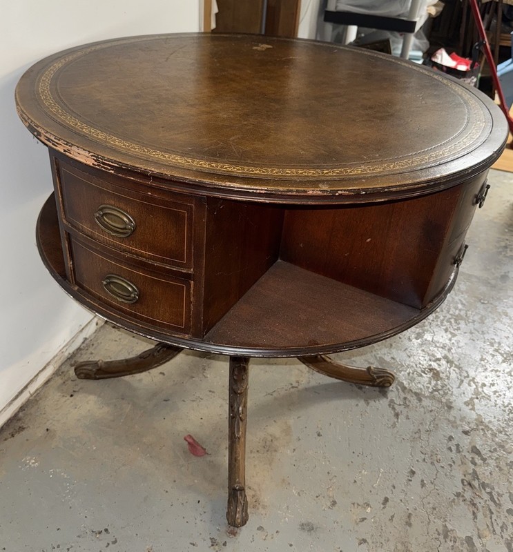 Regency Style Mahogany Rotating Drum Tooled Leather Rent Table – EIGHT DRAWERS