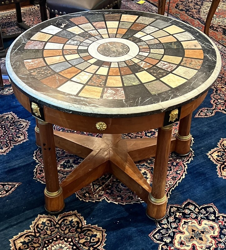 RARE FINE MULTI-GEM INTARSIA TABLETOP ,BRONZE MOUNTS WITH WOODEN BASE DIA=38″